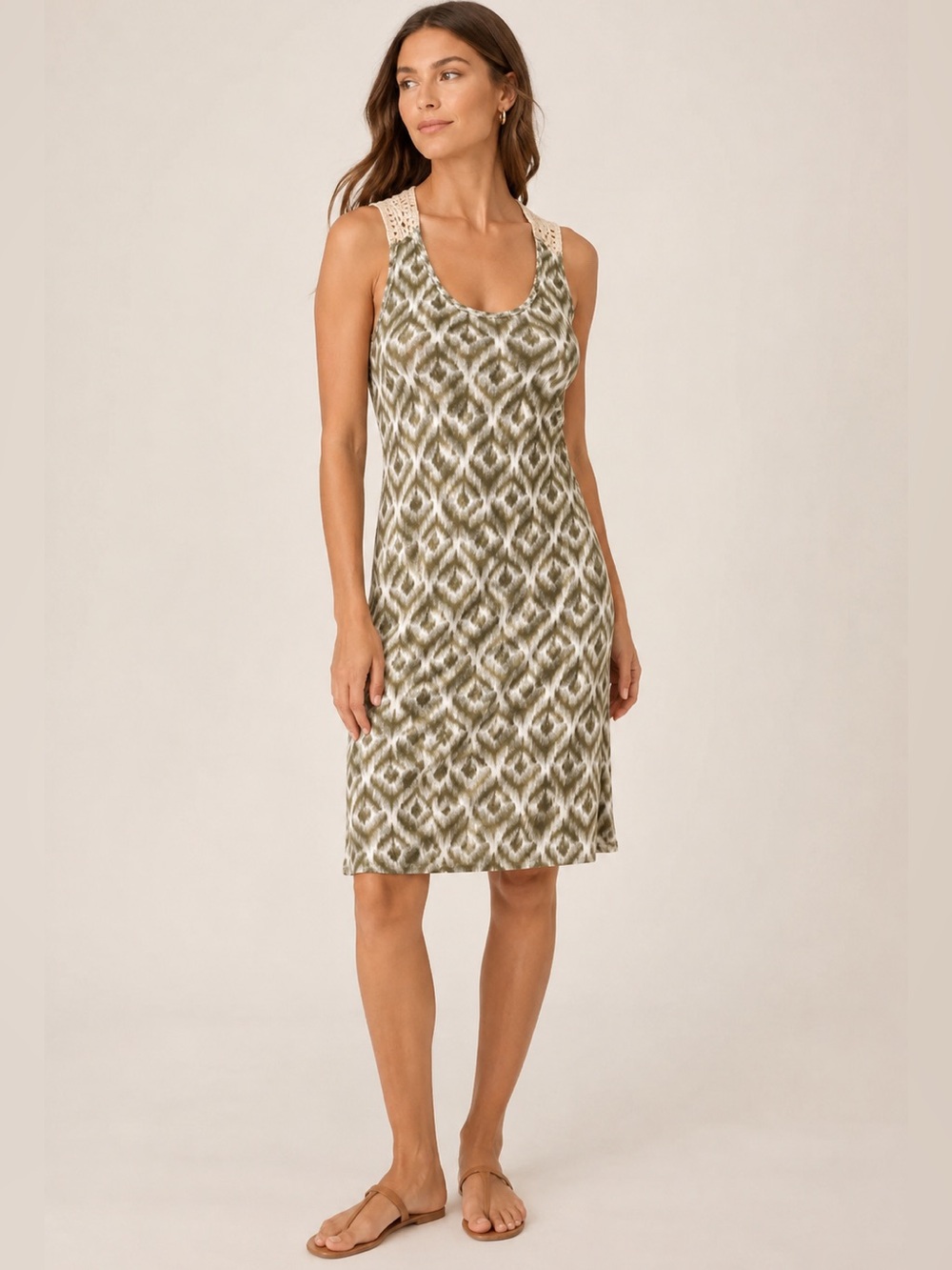 Michael Stars Olive & Cream Ikat Print Crochet Detail Dress New Without Tags O/S